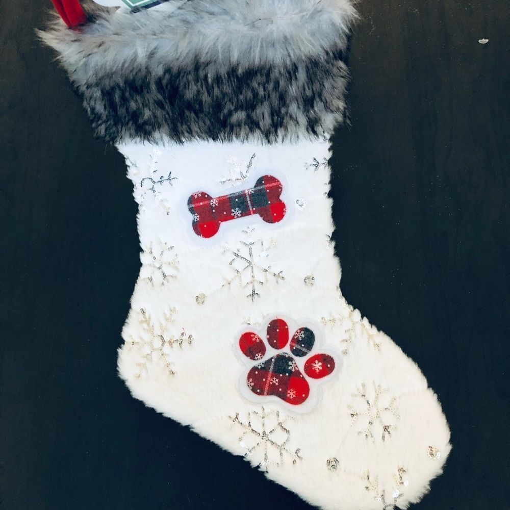 Christmas Faux Fur Plush Dog Paw Print Plaid Sequin Snowflake Holiday Stocking